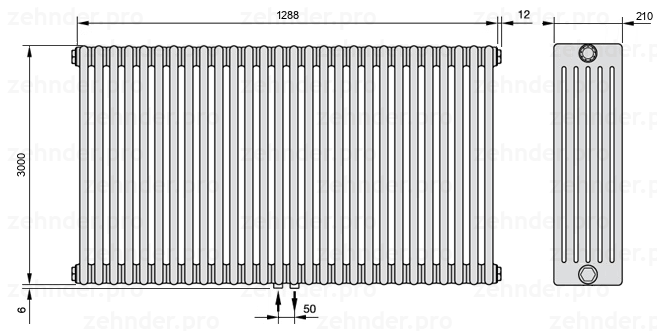 Схема (чертеж) Радиатор Zehnder Charleston 6300/28 №3470 Белый глянцевый RAL 9016